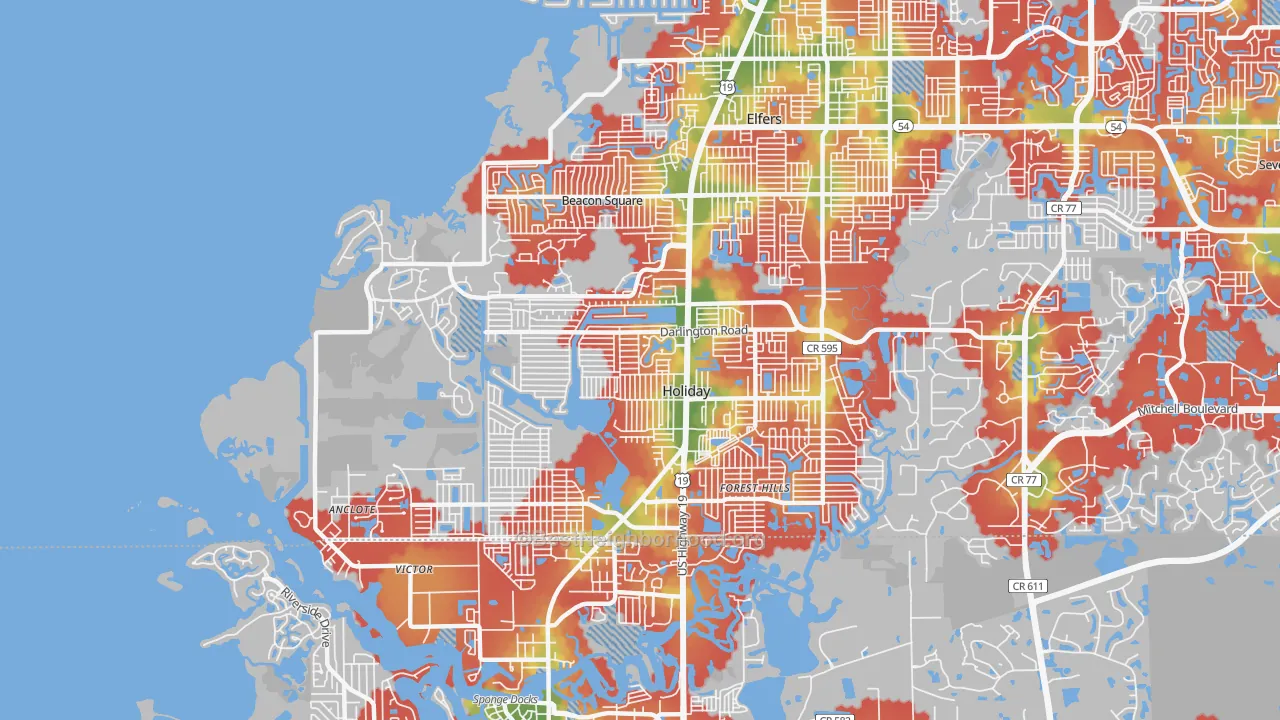 Walk Grade map of Holiday, FL, walkable areas in green and car-dependent areas in red