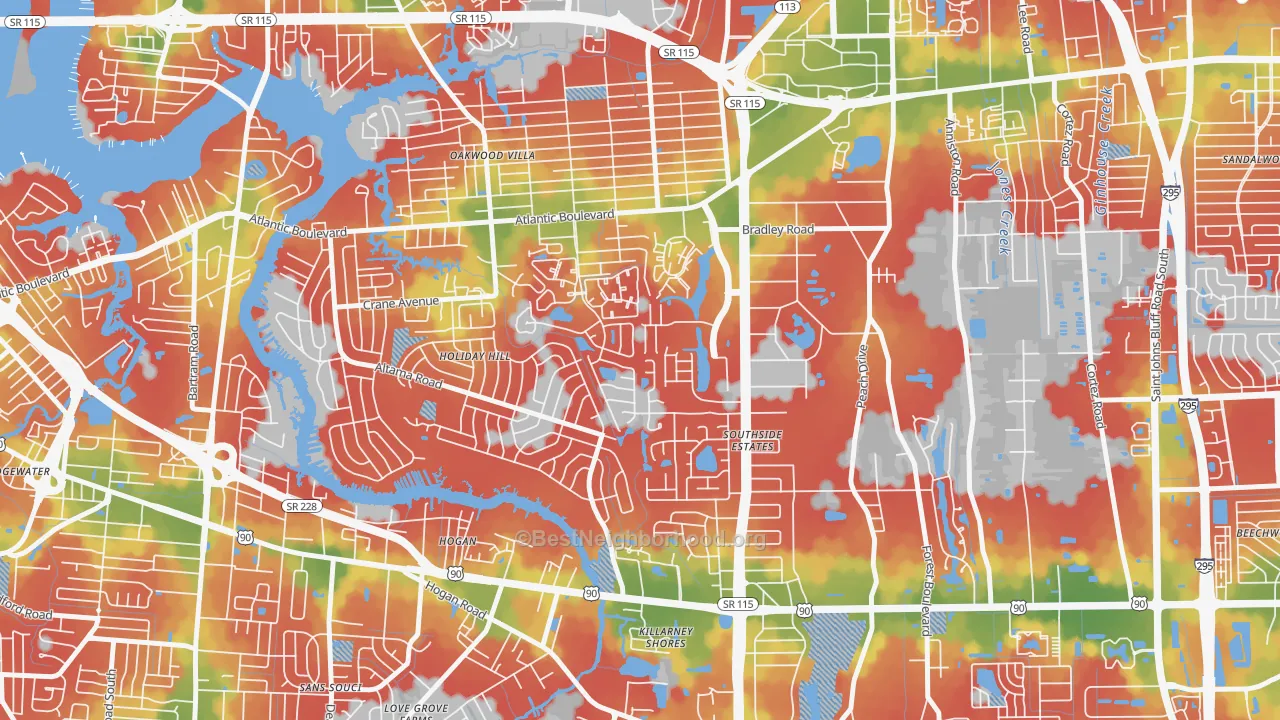 Walk Grade map of Holiday Hill, Jacksonville, FL, walkable areas in green and car-dependent areas in red
