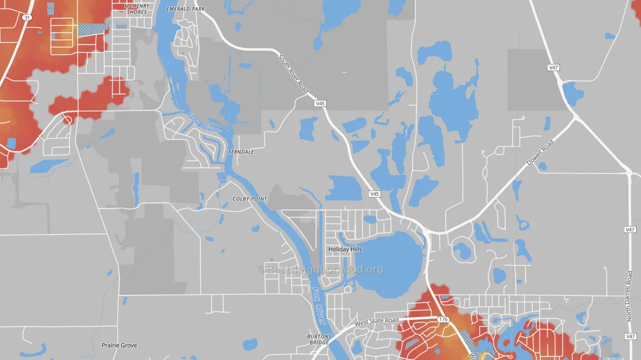 Walk Grade map of Holiday Hills, IL, walkable areas in green and car-dependent areas in red