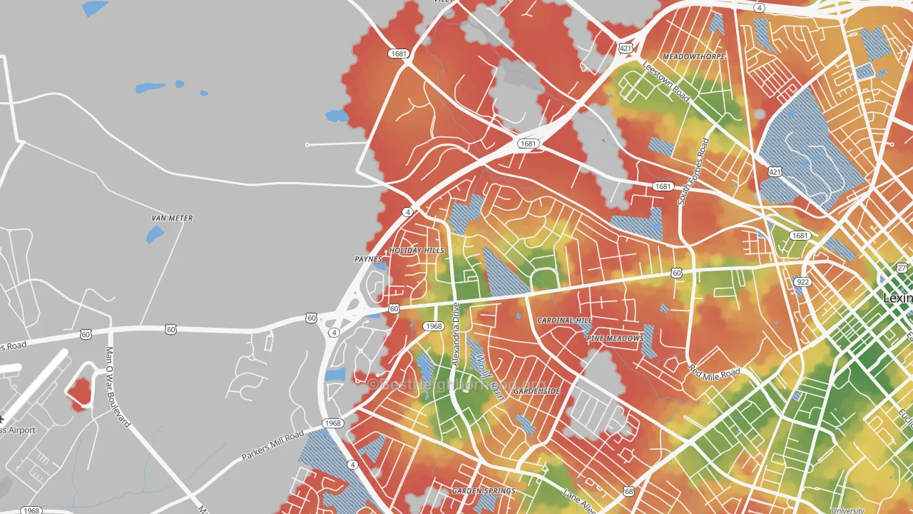 Walk Grade map of Holiday Hills, Lexington, KY, walkable areas in green and car-dependent areas in red