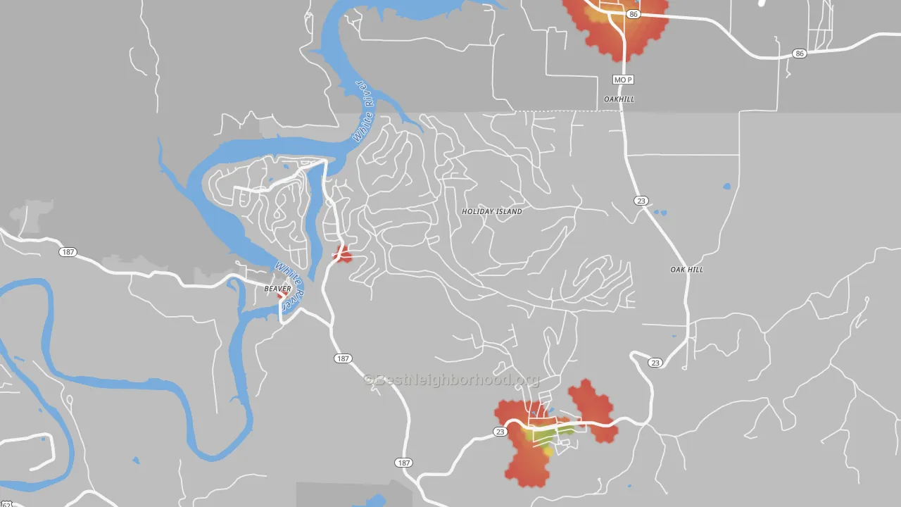 Walk Grade map of Holiday Island, AR, walkable areas in green and car-dependent areas in red