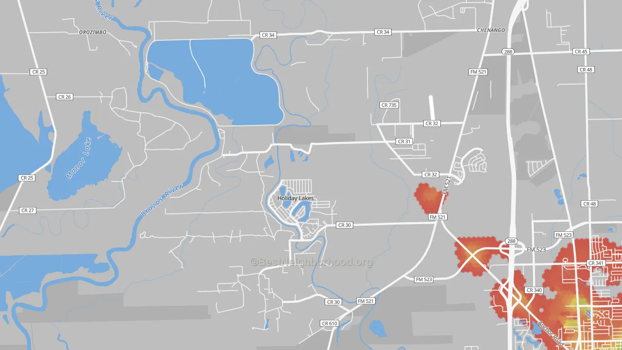 Walk Grade map of Holiday Lakes, TX, walkable areas in green and car-dependent areas in red