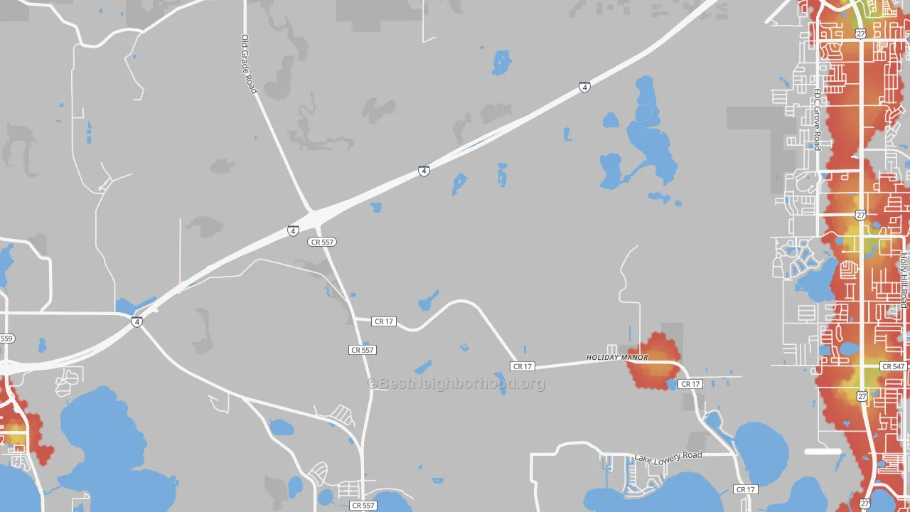Walk Grade map of Holiday Manor, FL, walkable areas in green and car-dependent areas in red