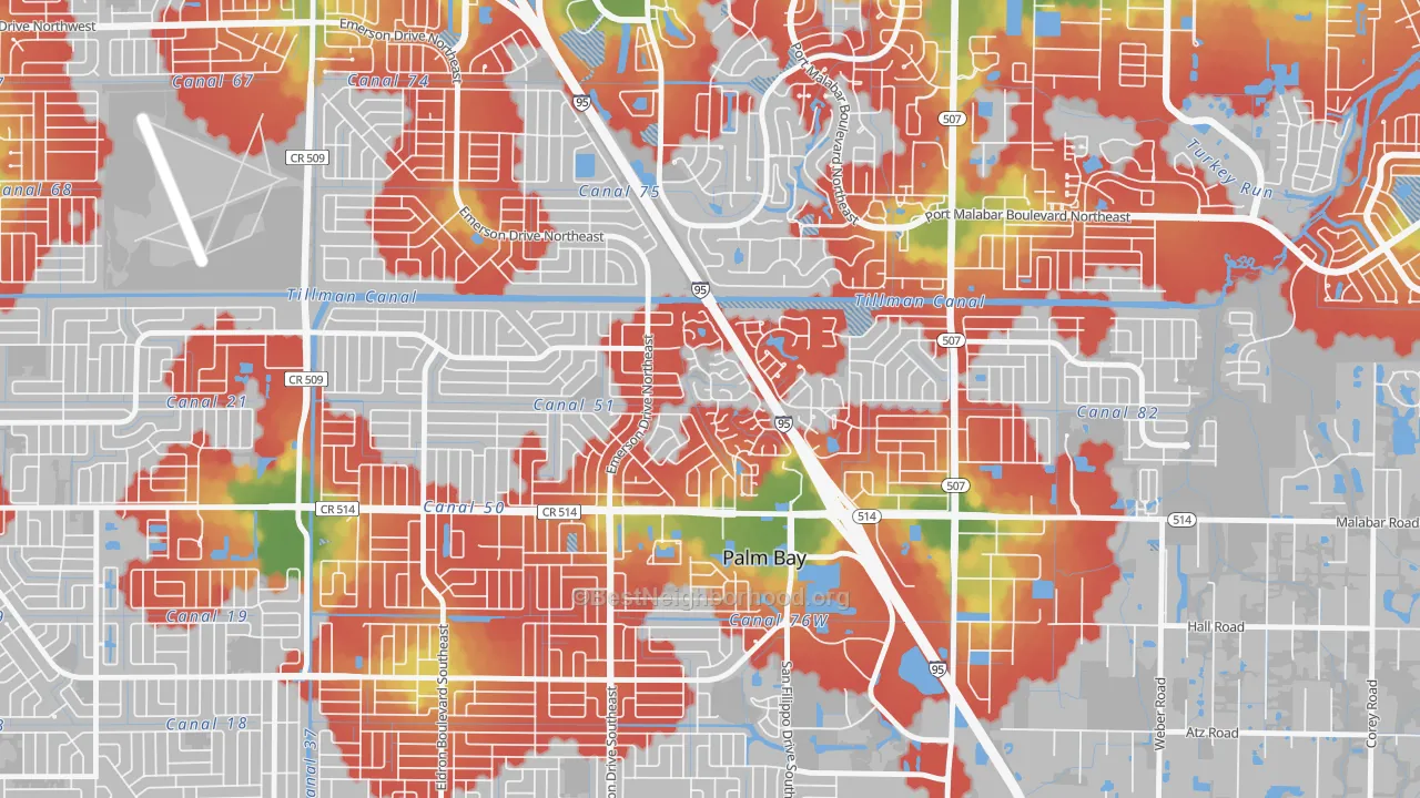 Walk Grade map of Holiday Park, Palm Bay, FL, walkable areas in green and car-dependent areas in red