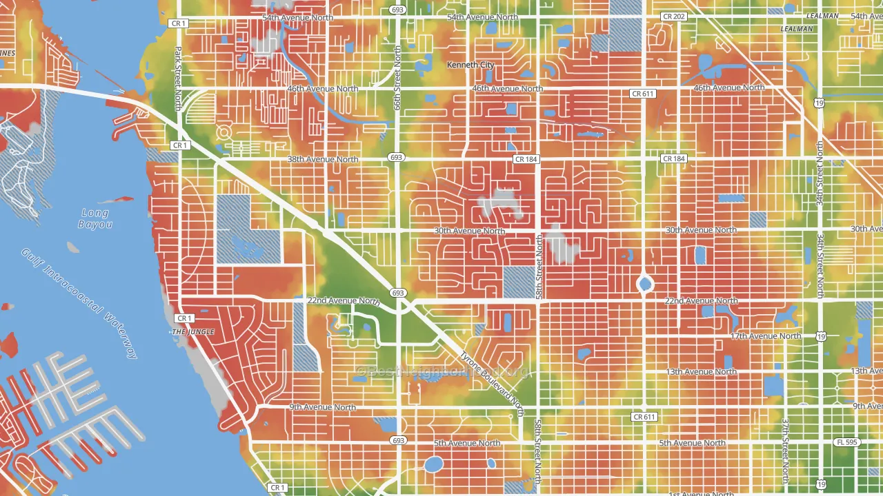 Walk Grade map of Holiday Park, St. Petersburg, FL, walkable areas in green and car-dependent areas in red