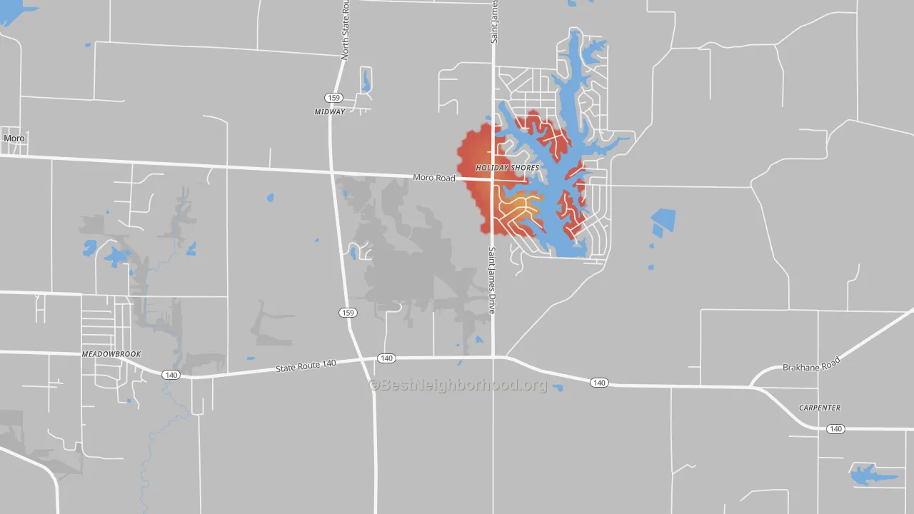 Walk Grade map of Holiday Shores, IL, walkable areas in green and car-dependent areas in red
