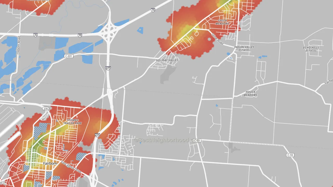 Walk Grade map of Holiday Valley, OH, walkable areas in green and car-dependent areas in red