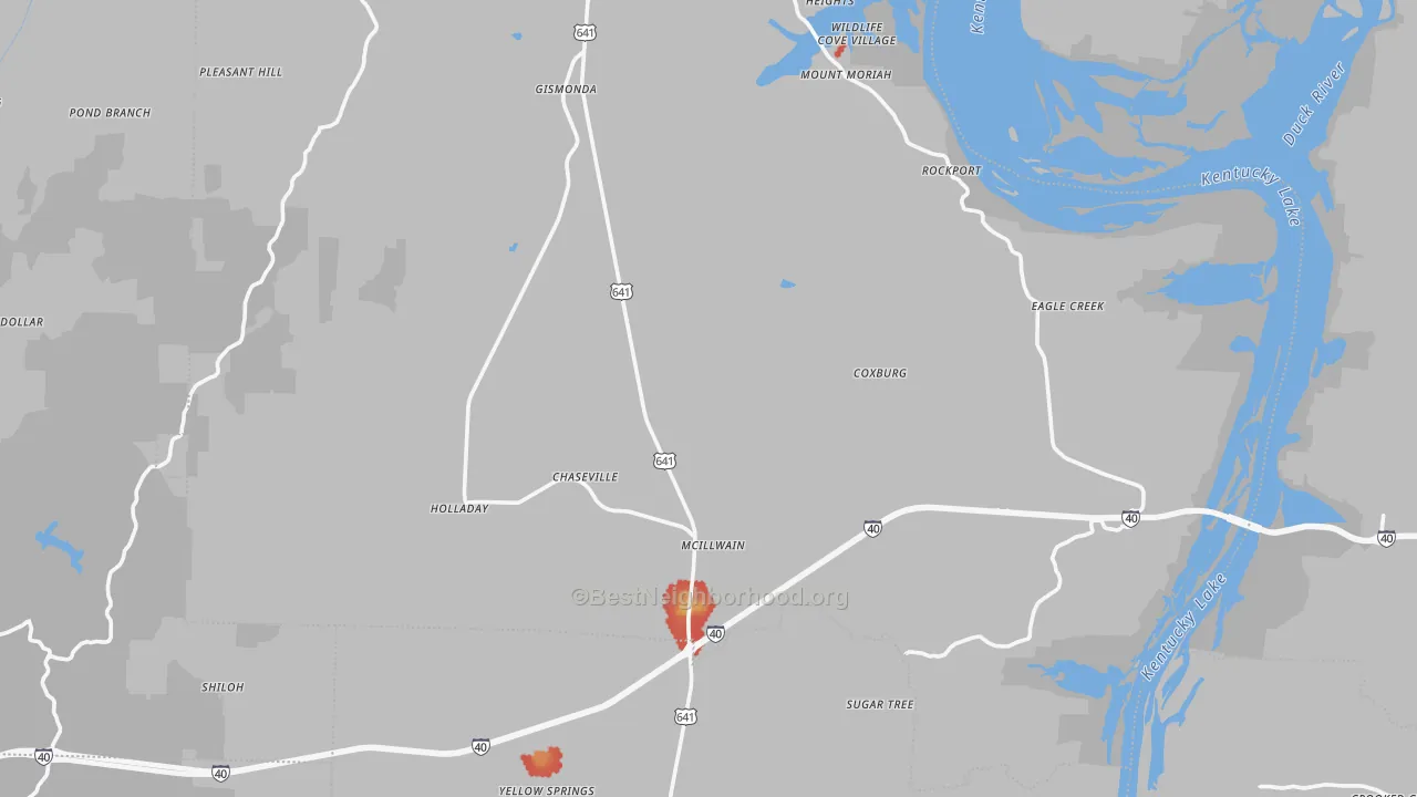Walk Grade map of Holladay, TN, walkable areas in green and car-dependent areas in red