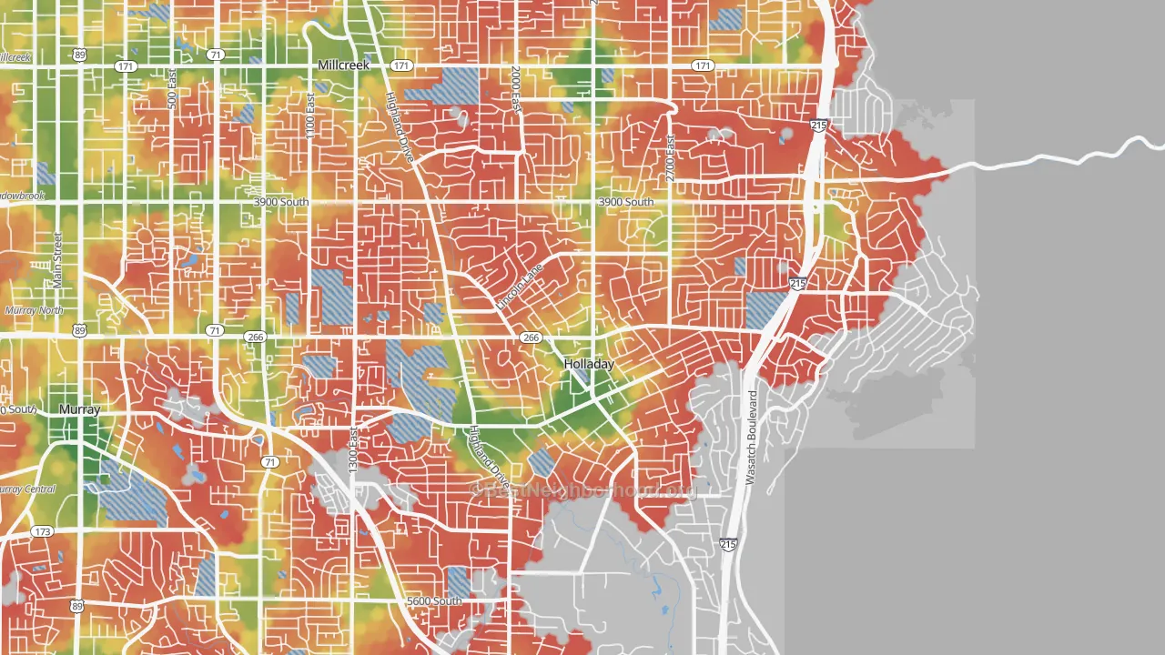 Walk Grade map of Holladay, UT, walkable areas in green and car-dependent areas in red