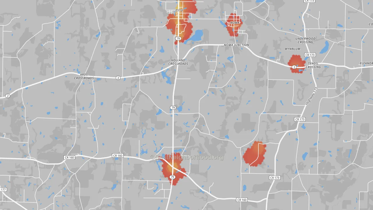 Walk Grade map of Holland Crossroads, FL, walkable areas in green and car-dependent areas in red