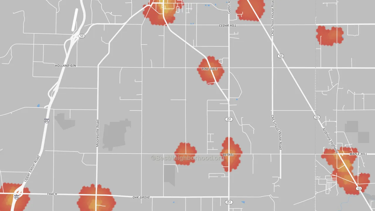 Walk Grade map of Holland Gin, AL, walkable areas in green and car-dependent areas in red