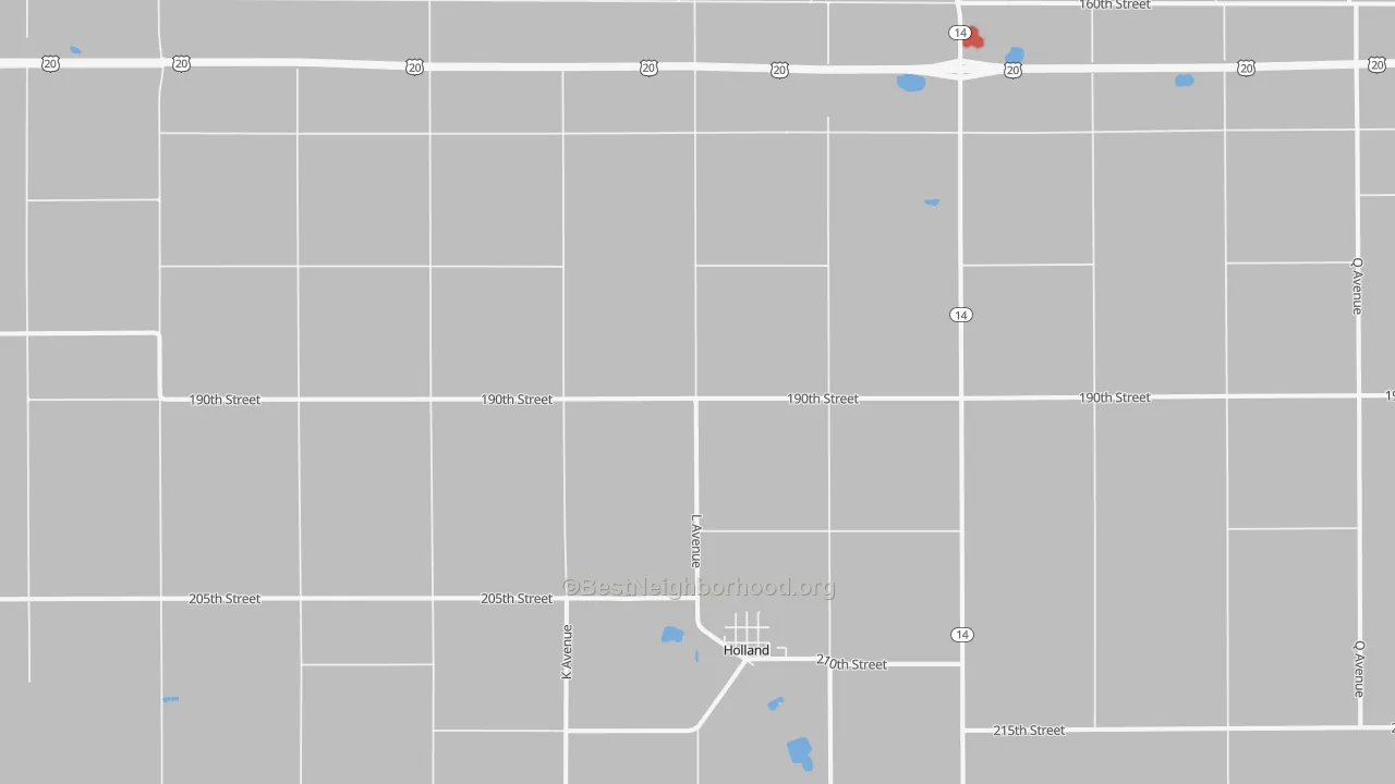Walk Grade map of Holland, IA, walkable areas in green and car-dependent areas in red