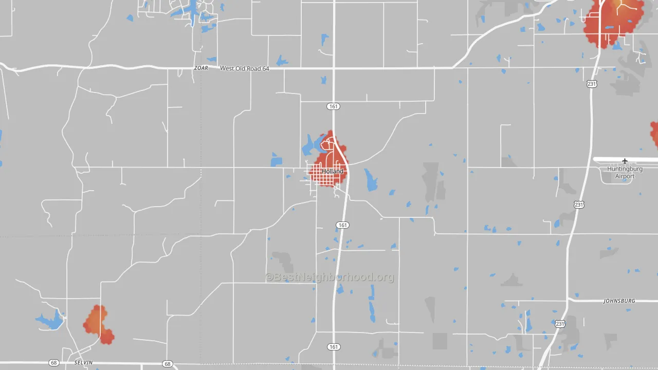 Walk Grade map of Holland, IN, walkable areas in green and car-dependent areas in red