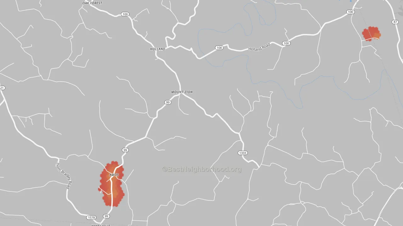 Walk Grade map of Holland, KY, walkable areas in green and car-dependent areas in red