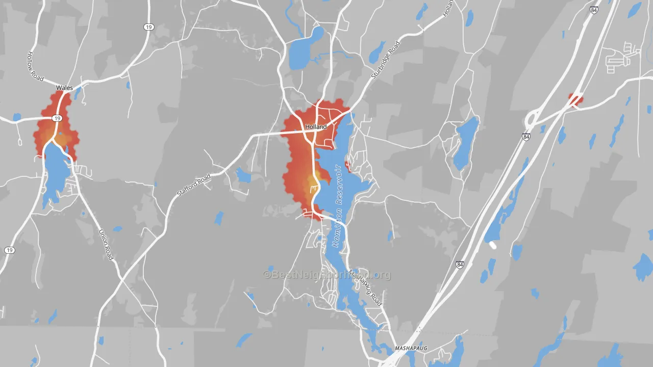 Walk Grade map of Holland, MA, walkable areas in green and car-dependent areas in red