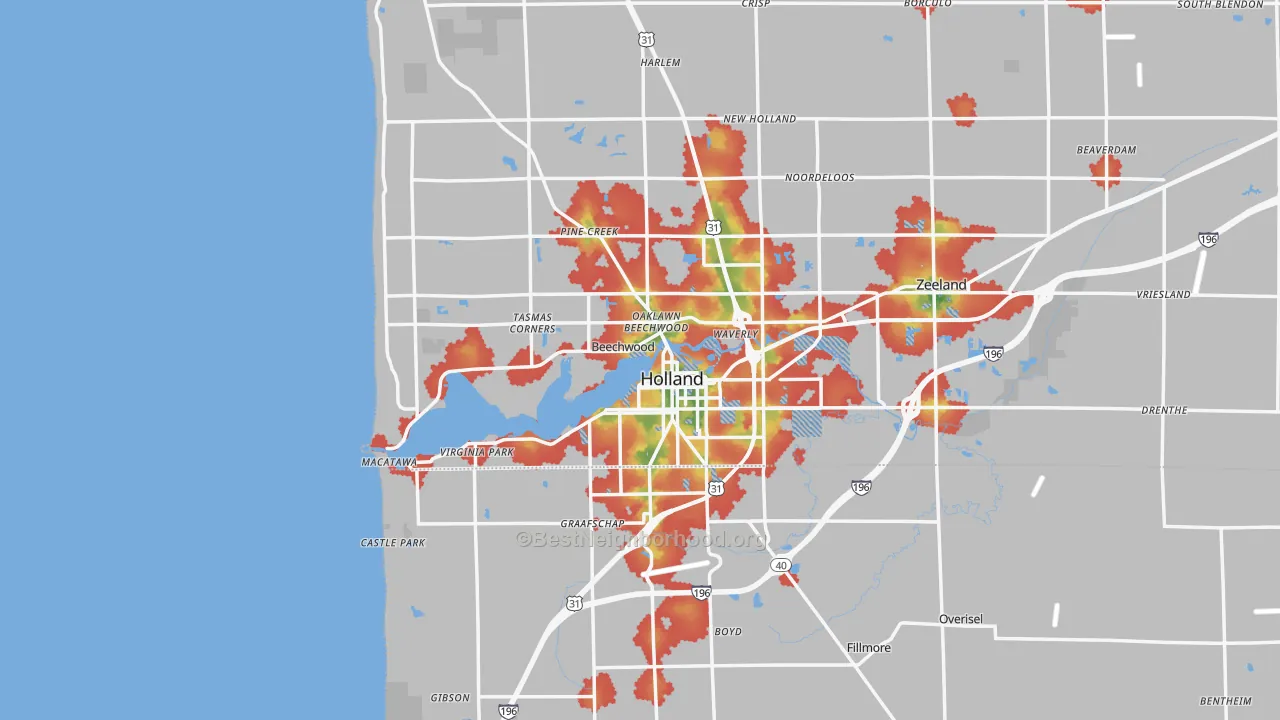 Walk Grade map of Holland, MI, walkable areas in green and car-dependent areas in red