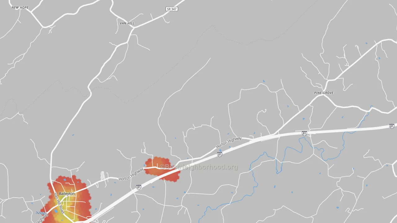 Walk Grade map of Holland Mill, TN, walkable areas in green and car-dependent areas in red