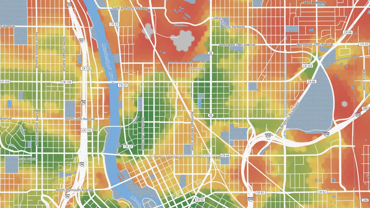 Walk Grade map of Holland, Minneapolis, MN, walkable areas in green and car-dependent areas in red