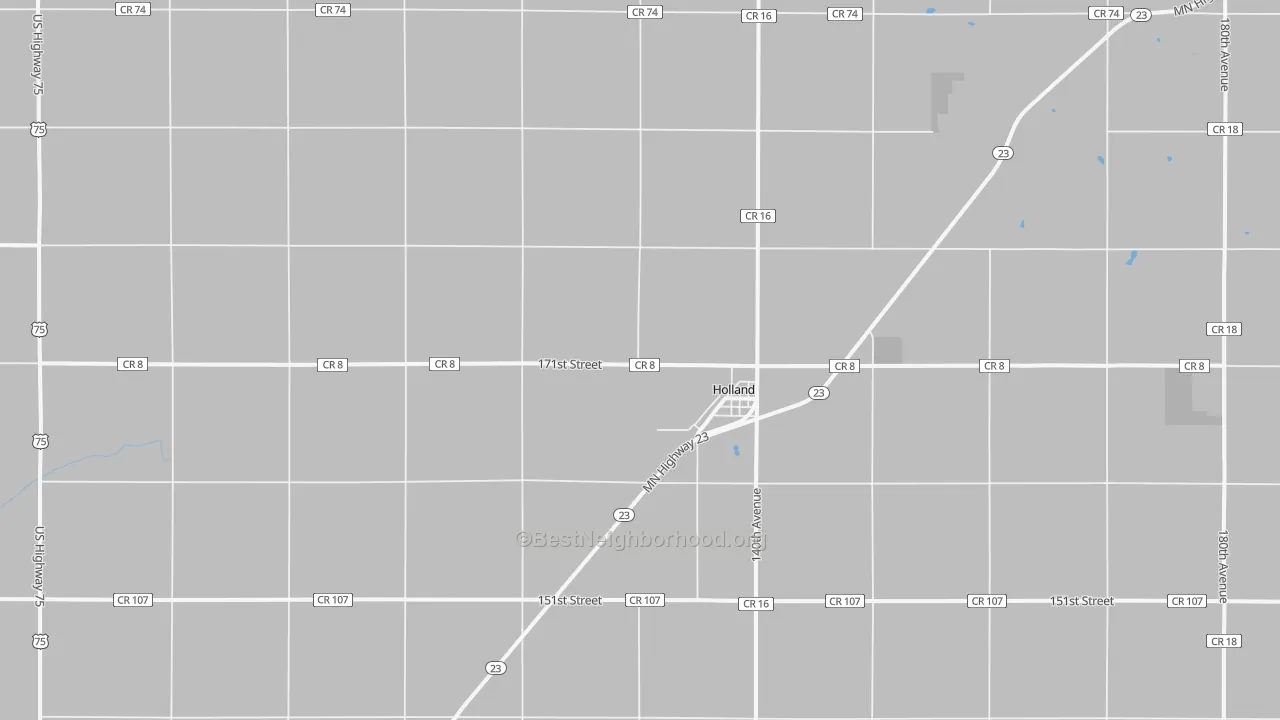 Walk Grade map of Holland, MN, walkable areas in green and car-dependent areas in red