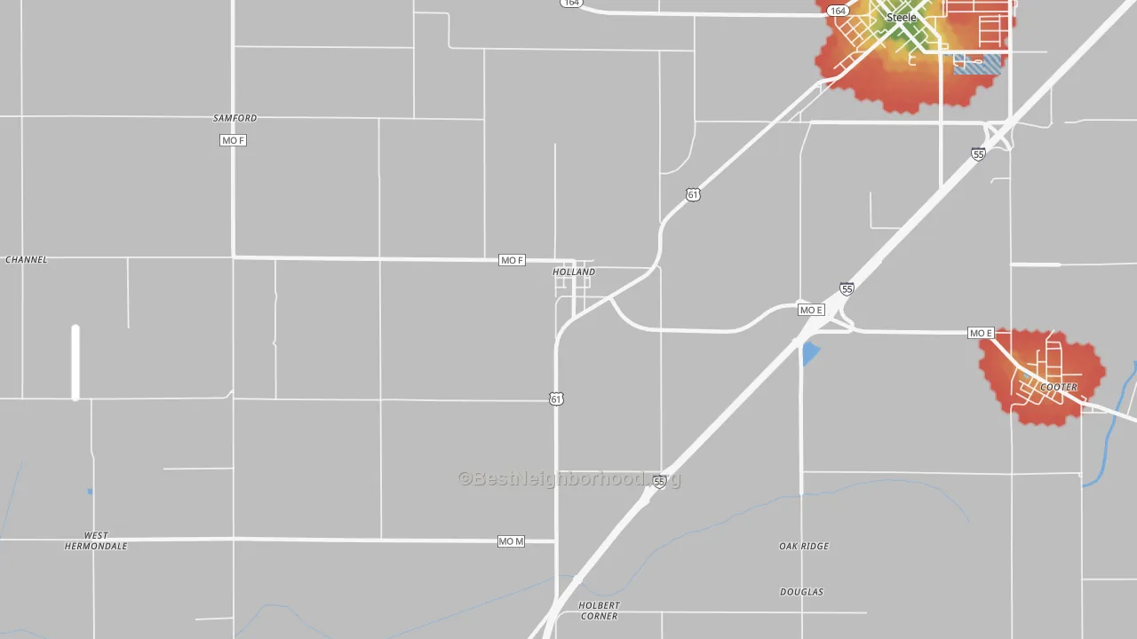 Walk Grade map of Holland, MO, walkable areas in green and car-dependent areas in red