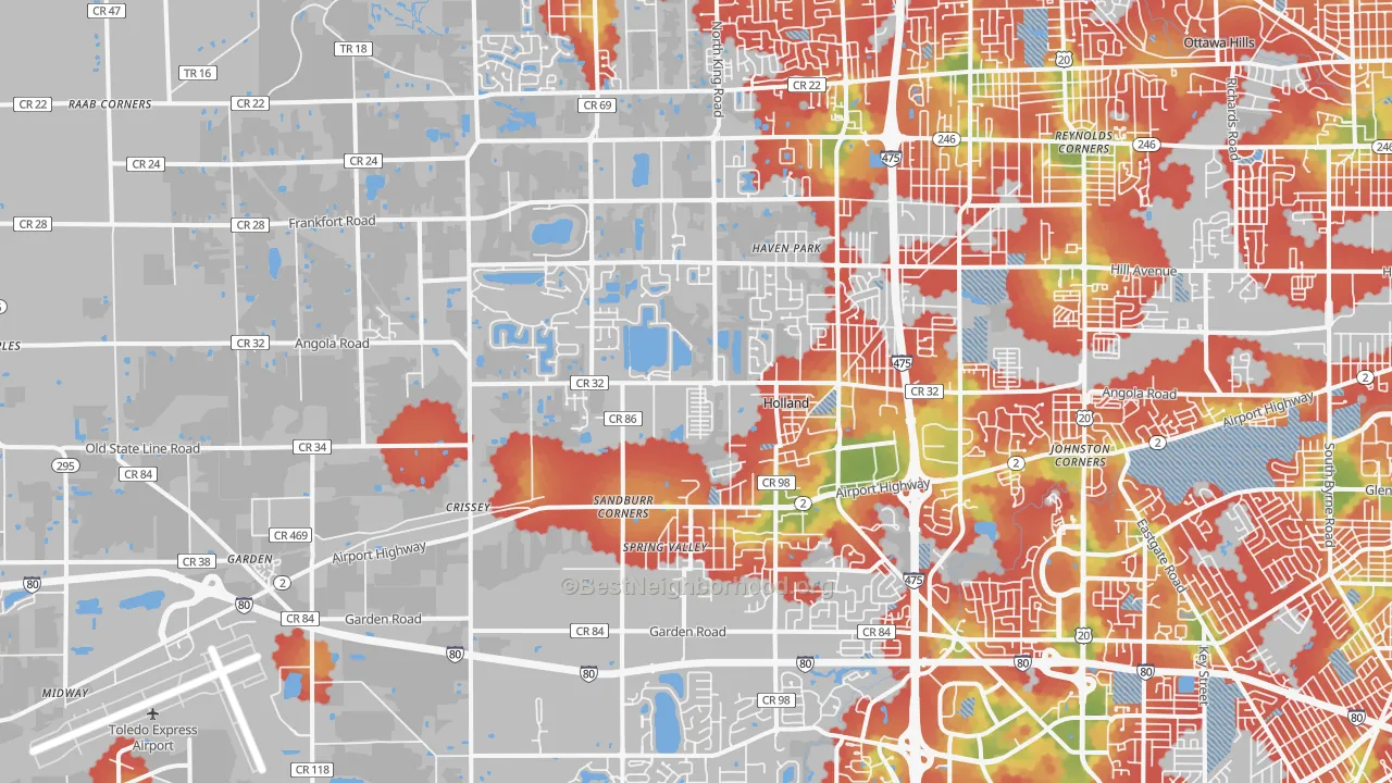 Walk Grade map of Holland, OH, walkable areas in green and car-dependent areas in red