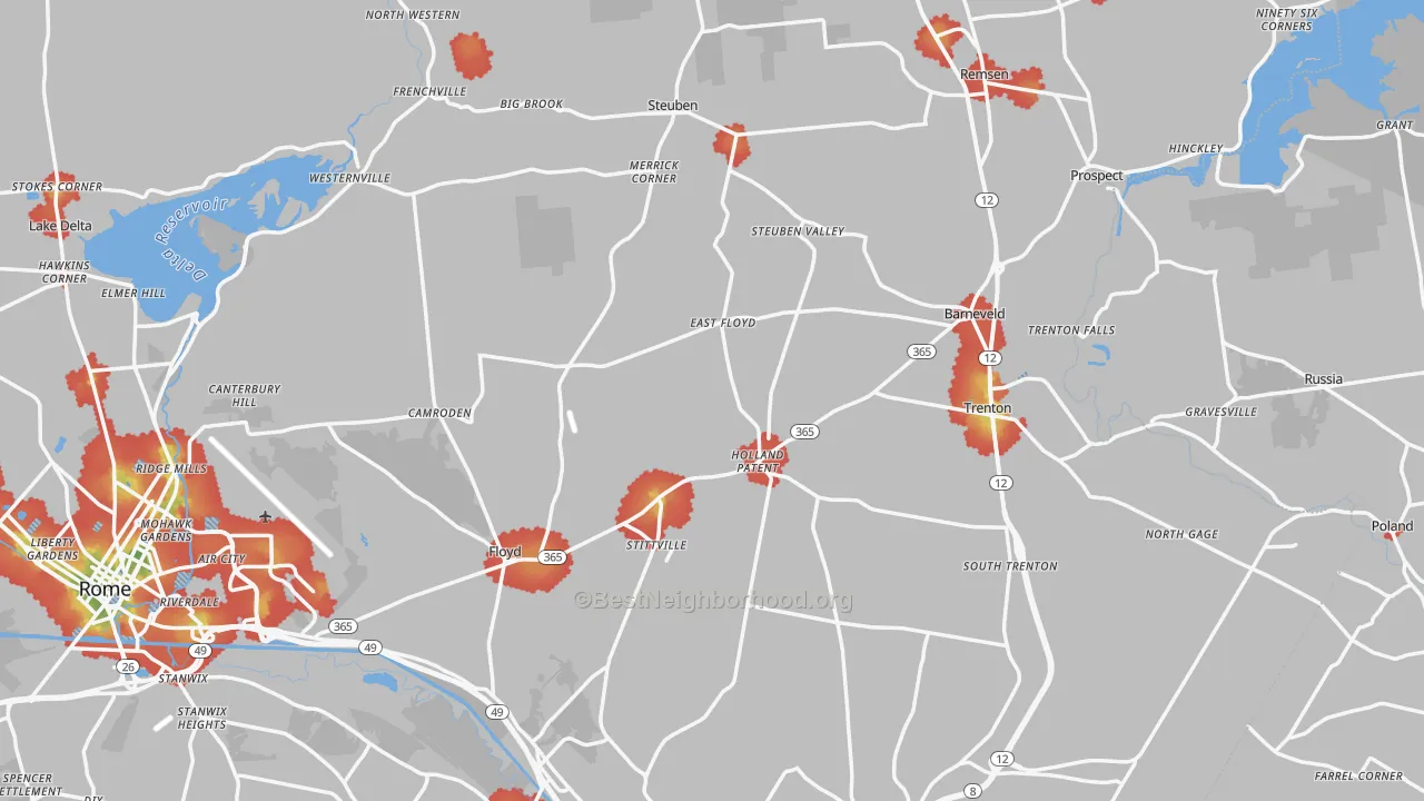 Walk Grade map of Holland Patent, NY, walkable areas in green and car-dependent areas in red