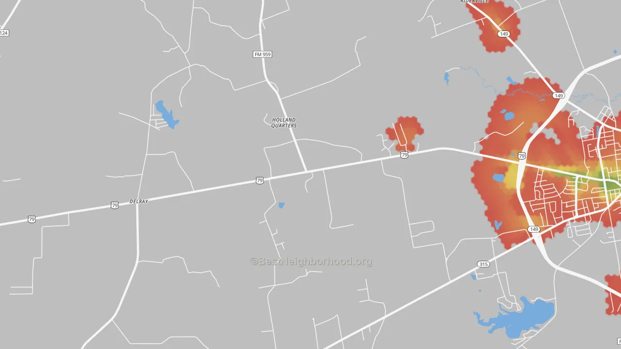 Walk Grade map of Holland Quarters, TX, walkable areas in green and car-dependent areas in red