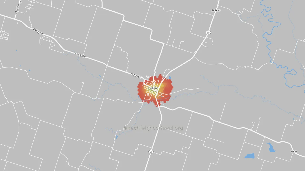 Walk Grade map of Holland, TX, walkable areas in green and car-dependent areas in red