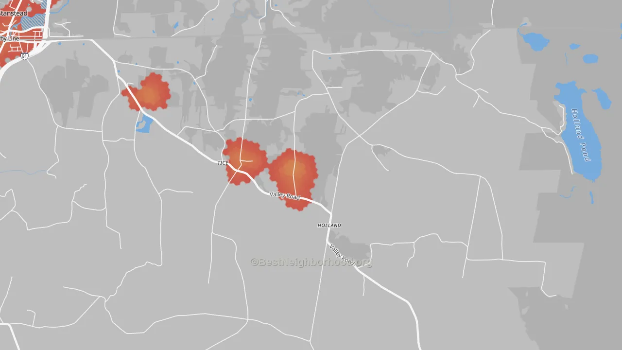 Walk Grade map of Holland, VT, walkable areas in green and car-dependent areas in red