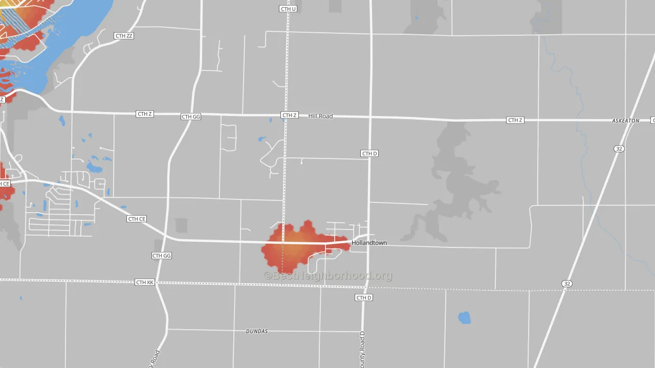 Walk Grade map of Holland, WI, walkable areas in green and car-dependent areas in red