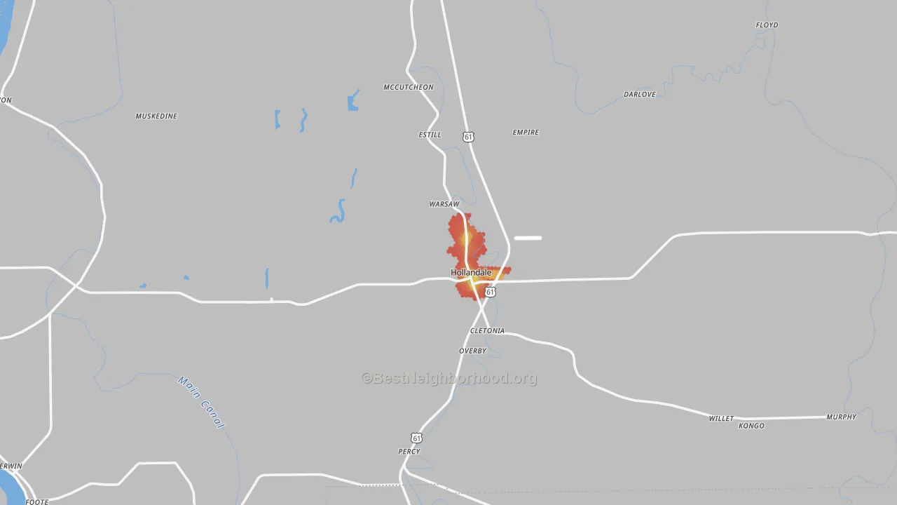 Walk Grade map of Hollandale, MS, walkable areas in green and car-dependent areas in red