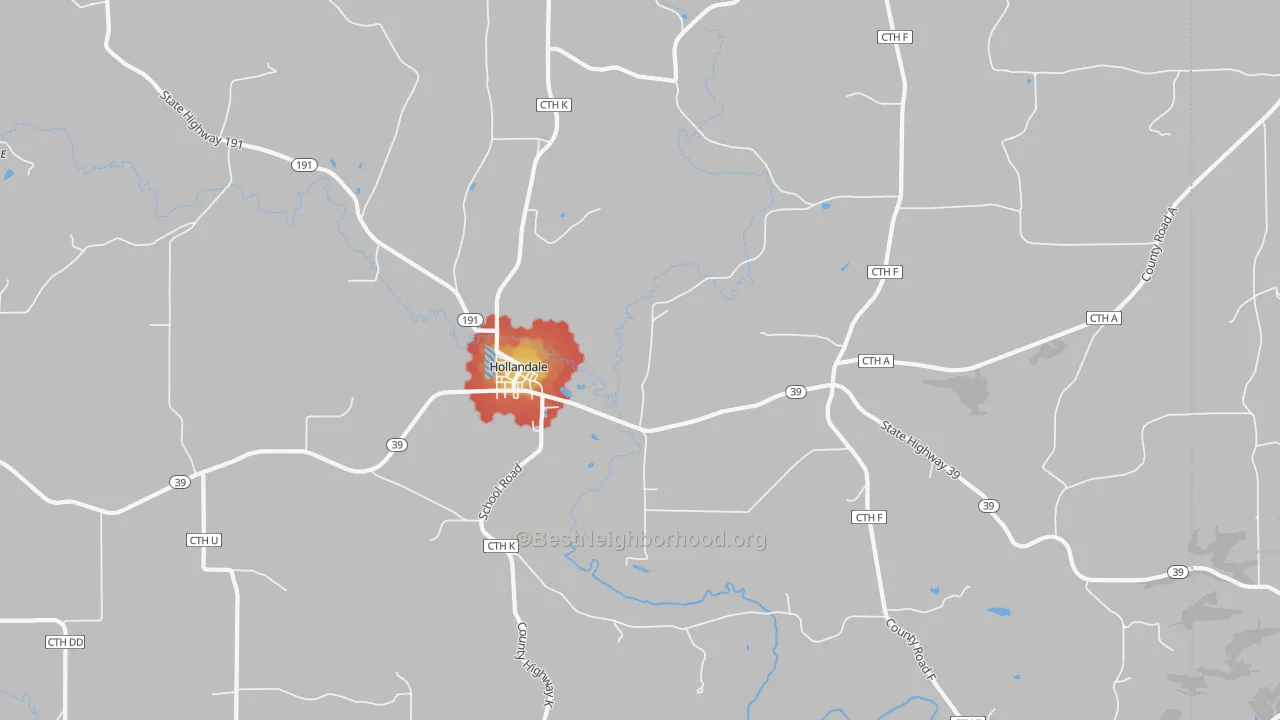 Walk Grade map of Hollandale, WI, walkable areas in green and car-dependent areas in red