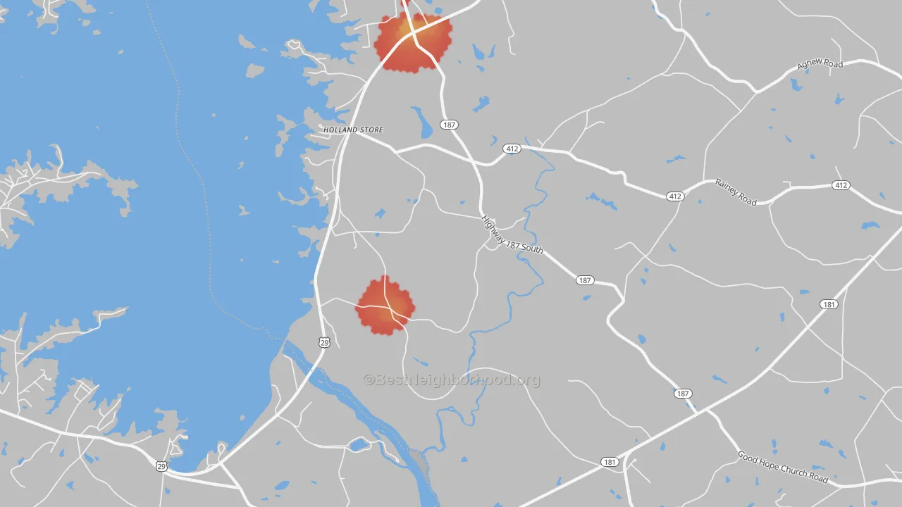 Walk Grade map of Hollands Store, SC, walkable areas in green and car-dependent areas in red