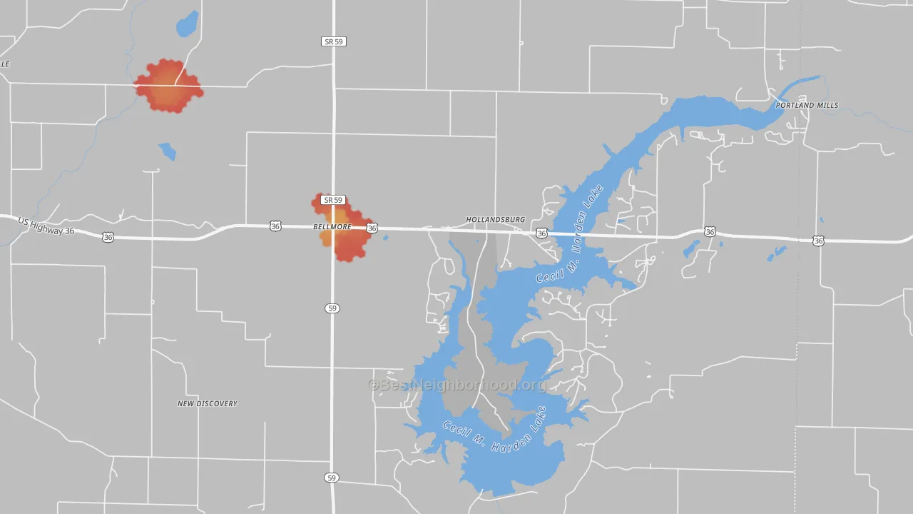 Walk Grade map of Hollandsburg, IN, walkable areas in green and car-dependent areas in red