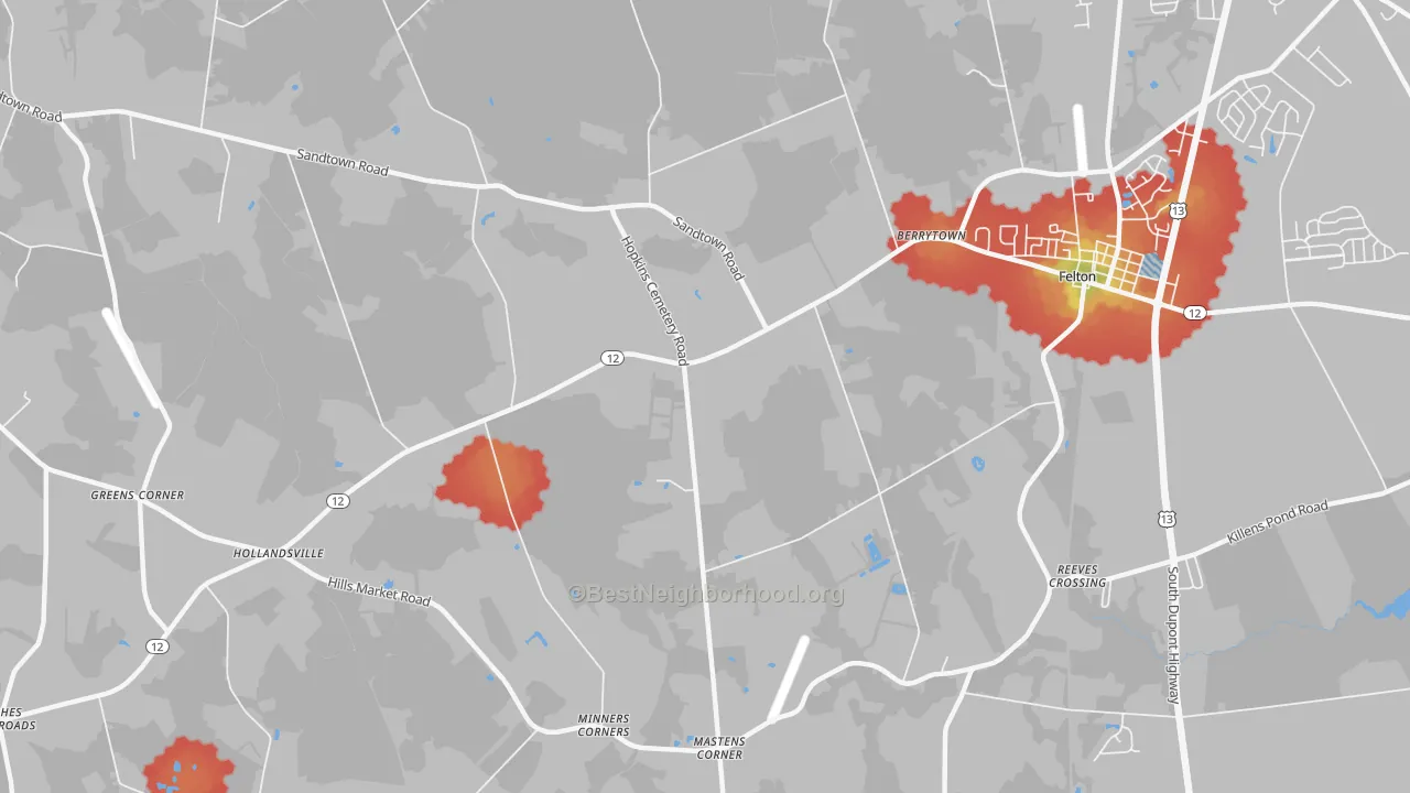 Walk Grade map of Hollandsville, DE, walkable areas in green and car-dependent areas in red