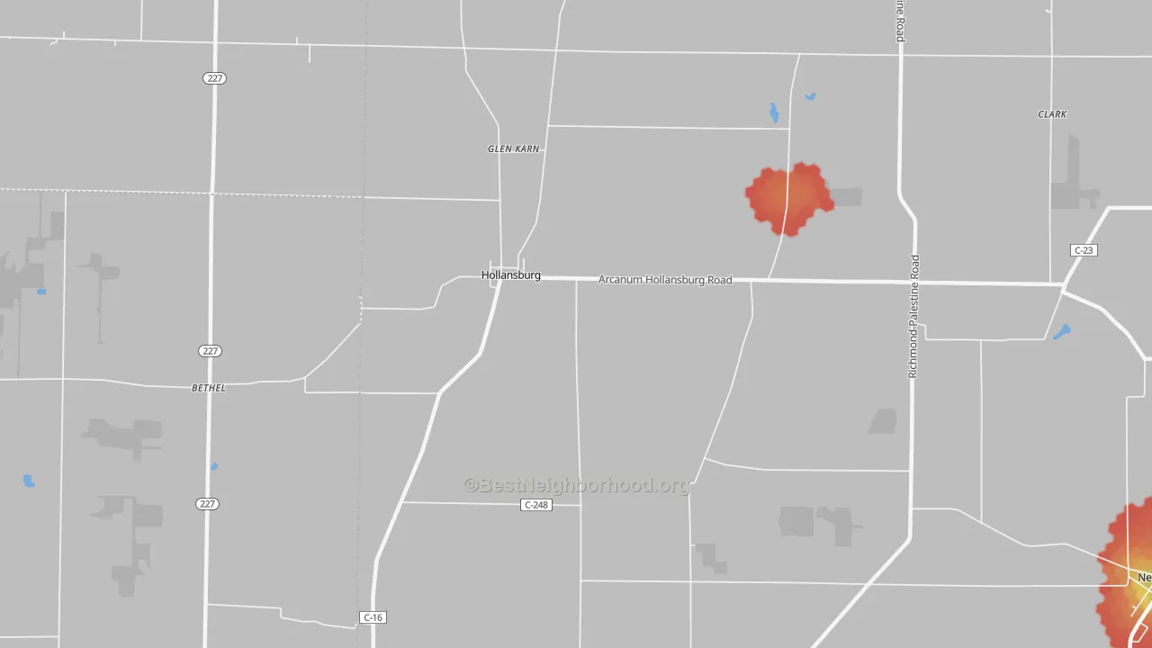 Walk Grade map of Hollansburg, OH, walkable areas in green and car-dependent areas in red