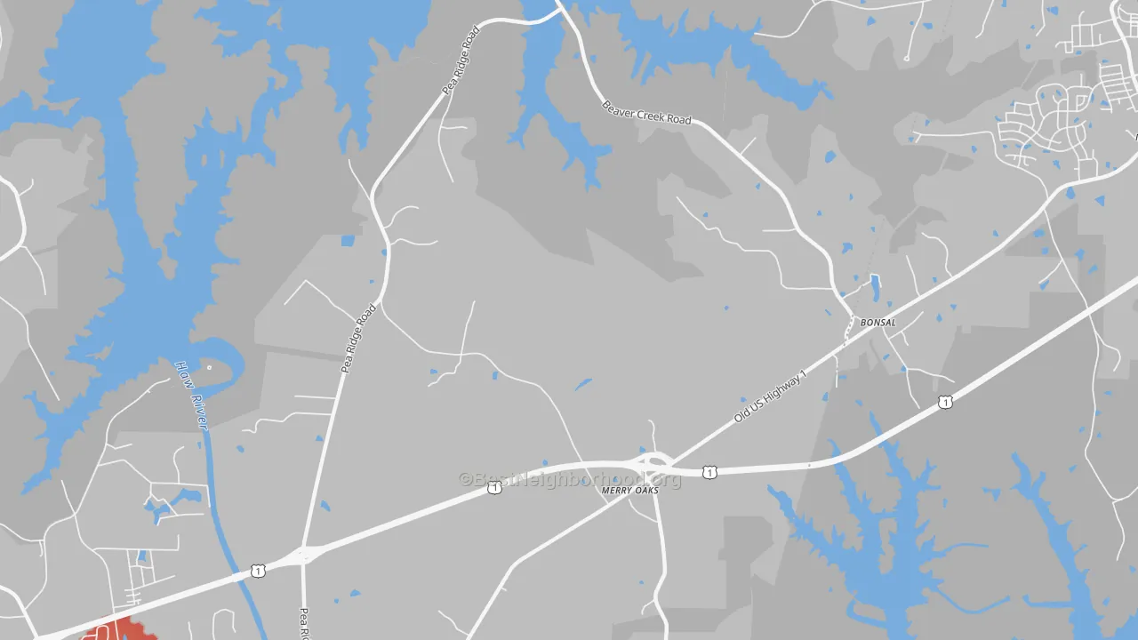 Walk Grade map of Hollemans Crossroads, NC, walkable areas in green and car-dependent areas in red