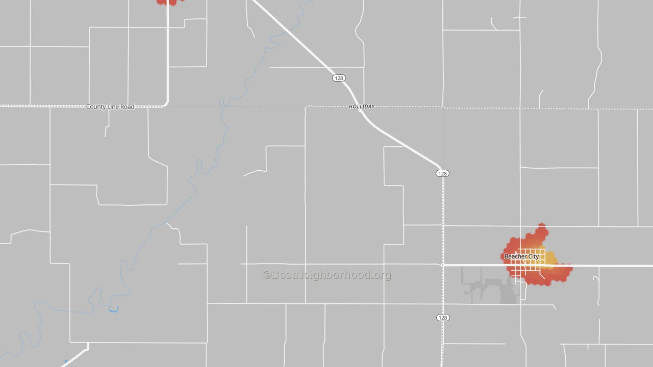 Walk Grade map of Holliday, IL, walkable areas in green and car-dependent areas in red