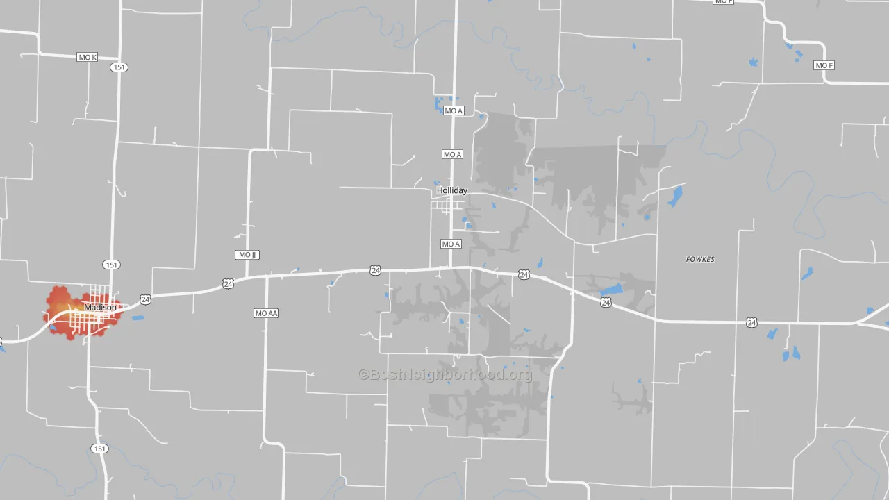 Walk Grade map of Holliday, MO, walkable areas in green and car-dependent areas in red