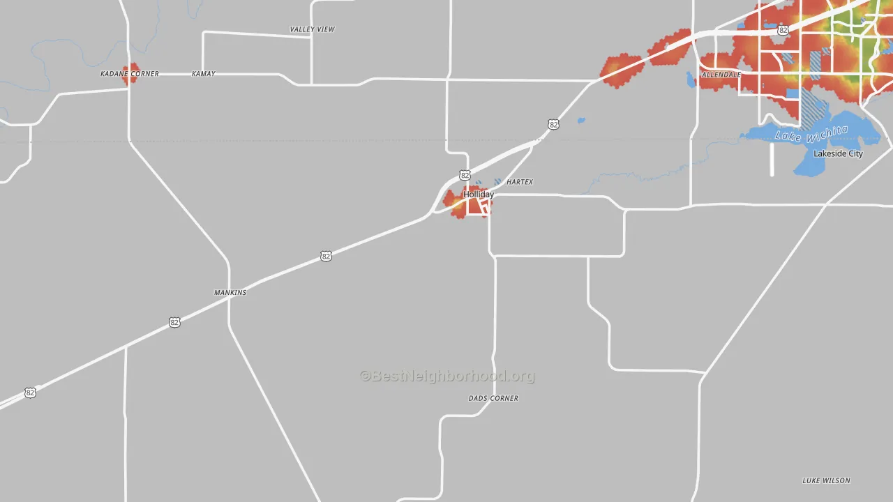 Walk Grade map of Holliday, TX, walkable areas in green and car-dependent areas in red