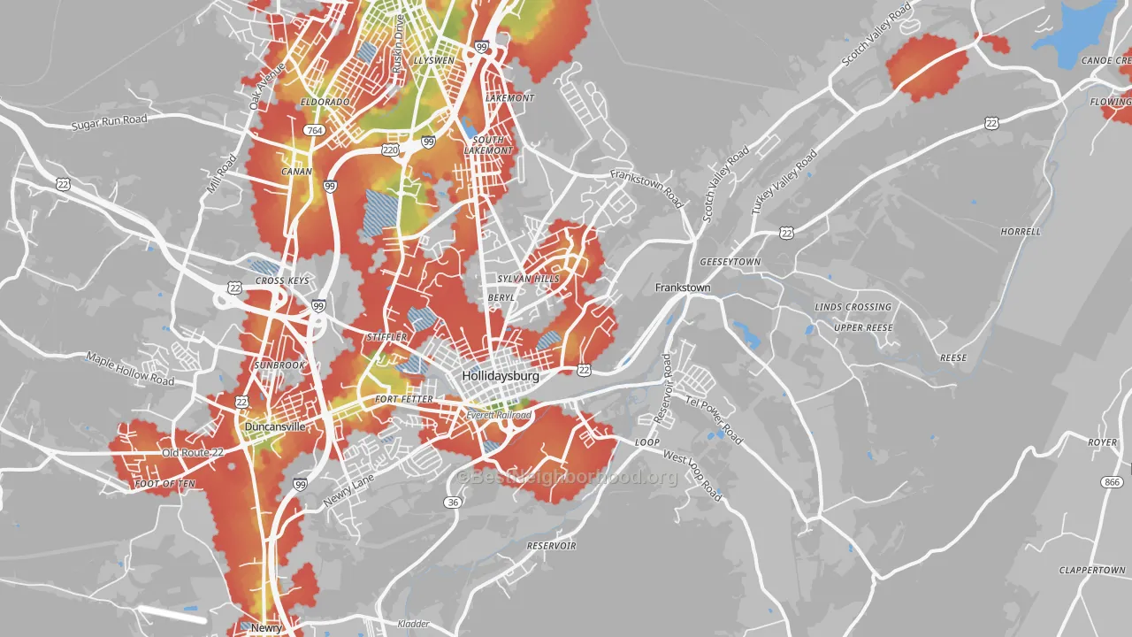Walk Grade map of Hollidaysburg, PA, walkable areas in green and car-dependent areas in red