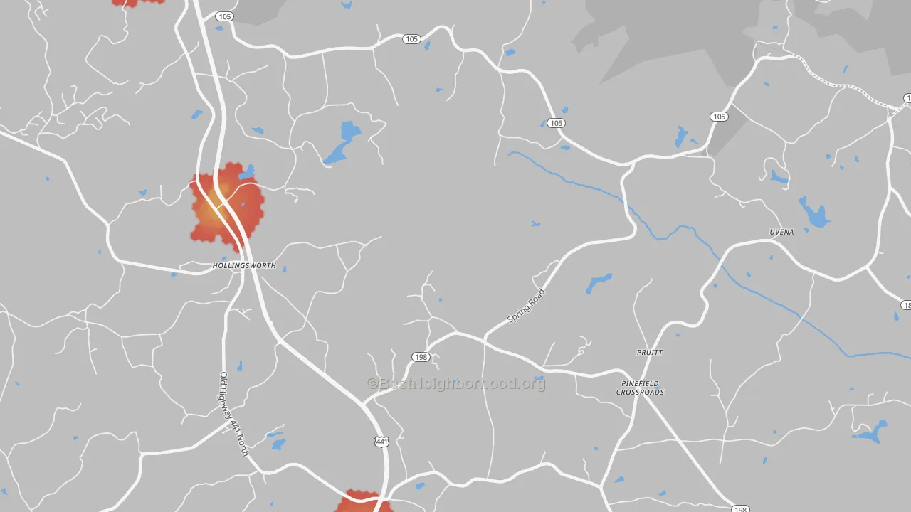 Walk Grade map of Hollingsworth, GA, walkable areas in green and car-dependent areas in red