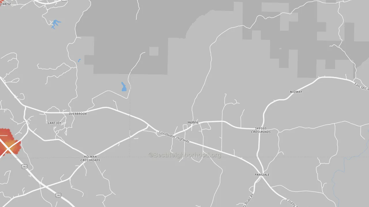 Walk Grade map of Hollins, AL, walkable areas in green and car-dependent areas in red