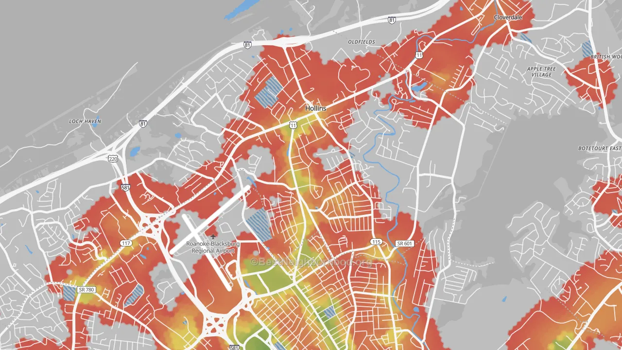 Walk Grade map of Hollins, VA, walkable areas in green and car-dependent areas in red
