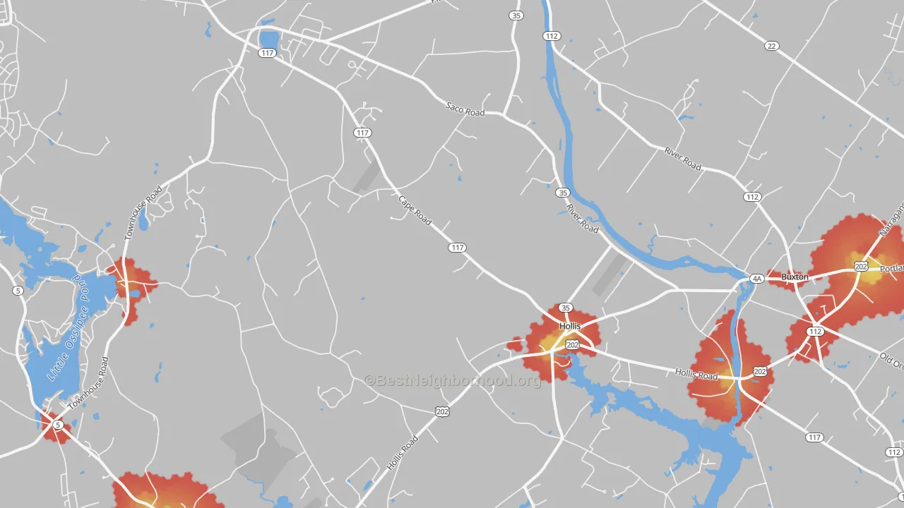 Walk Grade map of Hollis Center, ME, walkable areas in green and car-dependent areas in red
