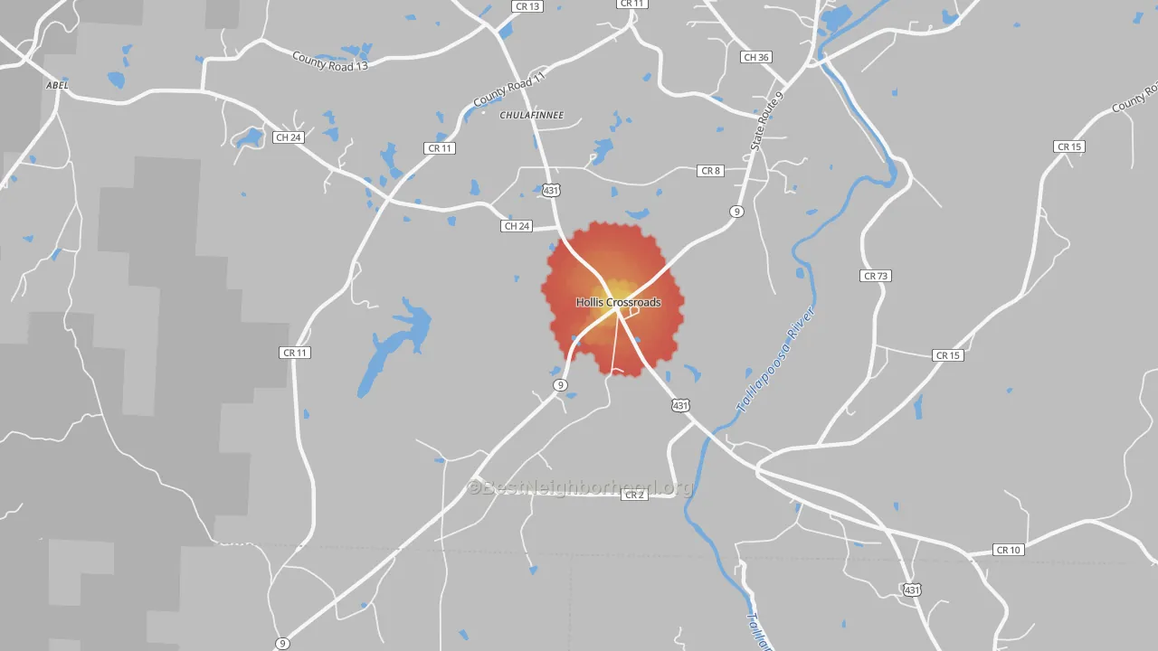 Walk Grade map of Hollis Crossroads, AL, walkable areas in green and car-dependent areas in red