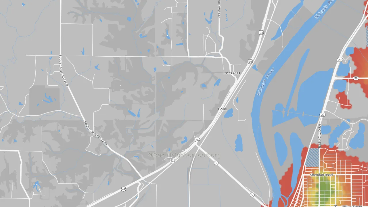 Walk Grade map of Hollis, IL, walkable areas in green and car-dependent areas in red