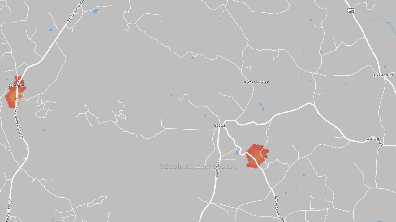 Walk Grade map of Hollis, NC, walkable areas in green and car-dependent areas in red