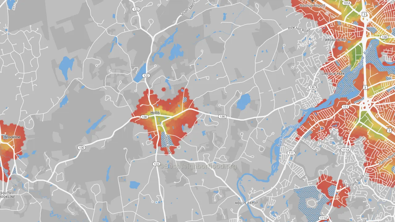 Walk Grade map of Hollis, NH, walkable areas in green and car-dependent areas in red