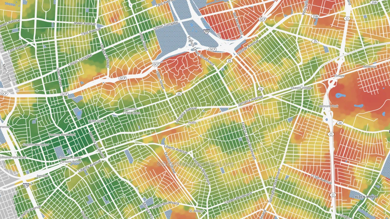 Walk Grade map of Hollis, Queens, NY, walkable areas in green and car-dependent areas in red